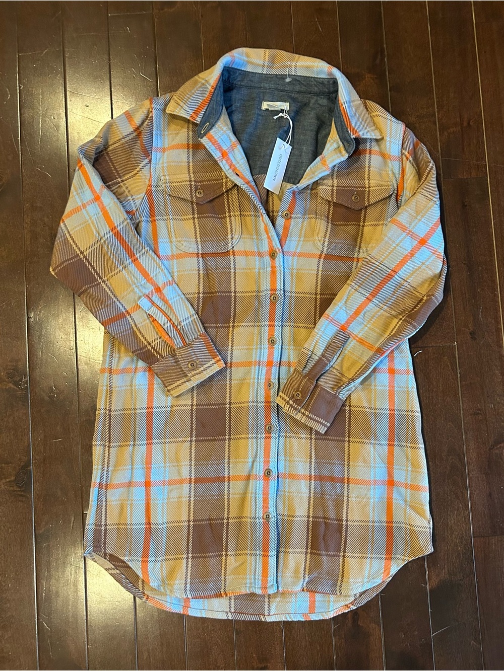 NWT Outerknown Women's Brown Orange Blue Blanket Shirt dress Flannel Plaid M
